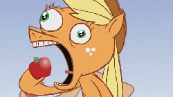 Size: 640x360 | Tagged: safe, artist:hotdiggedydemon, applejack, earth pony, pony, .mov, apple.mov, g4, animated, apple, cute, eating, female, gif, gradient background, herbivore, jackabetes, jappleack, mare, nom, open mouth, semi-grimdark source, solo, that pony sure does love apples, vulgar source