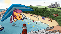 Size: 1920x1080 | Tagged: safe, artist:secret-pony, scootaloo, pegasus, pony, g4, beach, boat, city, cute, cutealoo, female, filly, hang gliding, lighthouse, open mouth, scootaloo can fly, smiling, solo focus, wallpaper, water