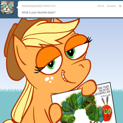 Size: 500x500 | Tagged: safe, artist:hotdiggedydemon, applejack, earth pony, pony, ask jappleack, g4, ask, female, jappleack, mare, smiling, smirk, solo, the very hungry caterpillar
