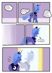 Size: 900x1266 | Tagged: dead source, safe, artist:lyun, princess luna, alicorn, pony, g4, comic, female, mare, mirror, reflection, s1 luna, solo