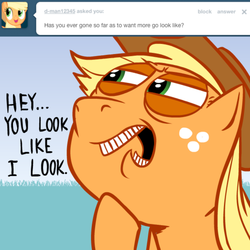 Size: 500x500 | Tagged: safe, artist:hotdiggedydemon, applejack, earth pony, pony, ask jappleack, g4, ask, female, jappleack, mare, open mouth, solo, squint