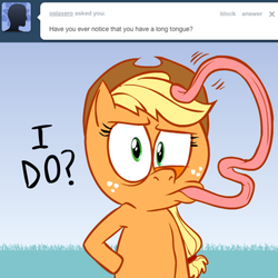 Size: 500x500 | Tagged: safe, artist:hotdiggedydemon, applejack, earth pony, pony, ask jappleack, g4, bipedal, female, jappleack, long tongue, mare, solo, tongue out
