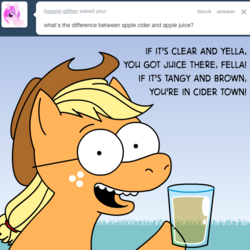 Size: 615x615 | Tagged: safe, artist:hotdiggedydemon, applejack, earth pony, pony, ask jappleack, g4, ask, burns baby burns, cider, female, hotdiggedydemon, jappleack, juice, male, mare, ned flanders, simpsons did it, solo, the simpsons