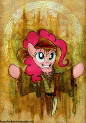 Size: 600x854 | Tagged: safe, artist:foxinshadow, pinkie pie, earth pony, pony, friendship is witchcraft, g4, abstract background, bipedal, clothes, female, gypsy pie, knife, mare, romani, solo