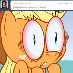 Size: 615x615 | Tagged: safe, artist:hotdiggedydemon, applejack, earth pony, pony, ask jappleack, g4, female, jappleack, mare, solo, wide eyes