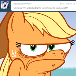 Size: 615x615 | Tagged: safe, artist:hotdiggedydemon, applejack, earth pony, pony, ask jappleack, g4, annoyed, ask, female, jappleack, mare, solo