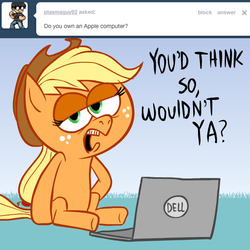 Size: 615x615 | Tagged: safe, artist:hotdiggedydemon, applejack, earth pony, pony, ask jappleack, g4, computer, dell, female, jappleack, laptop computer, mare, sitting, solo