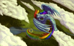 Size: 1920x1200 | Tagged: safe, artist:tsitra360, rainbow dash, pegasus, pony, g4, cloud, cloudy, eyes closed, female, flying, high angle, mare, rainbow trail, river, solo