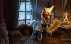 Size: 1920x1200 | Tagged: safe, artist:tsitra360, pony, rat, unicorn, bald, beard, book, candle, clothes, curtains, deckard cain, diablo (series), glowing horn, horn, mage, magic, male, old, ponified, realistic, scroll, skull, solo, stallion, window