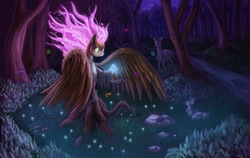 Size: 1920x1213 | Tagged: safe, artist:tsitra360, fluttershy, butterfly, deer, dryad, lizard, rabbit, g4, flowing mane, flutterdryad, fluttertree, forest, glowing mane, leafing the dream, species swap, transformation, tree