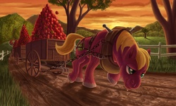 Size: 2000x1200 | Tagged: safe, artist:tsitra360, big macintosh, earth pony, pony, g4, apple, breeching, cart, chains, earth pony master race, fluffy, harness, horse collar, male, pulling, smiling, smirk, solo, stallion, stronk, sweat, tired, unshorn fetlocks, vein, when you see it, working