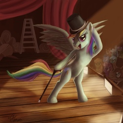 Size: 810x810 | Tagged: safe, artist:tsitra360, rainbow dash, pegasus, pony, g4, bipedal, cane, crowd, female, hat, mare, stage, top hat