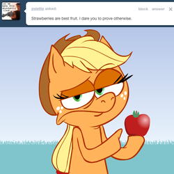 Size: 615x615 | Tagged: safe, artist:hotdiggedydemon, applejack, earth pony, pony, ask jappleack, g4, apple, ask, female, food, hilarious in hindsight, jappleack, mare, solo, that pony sure does love apples