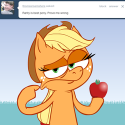 Size: 615x615 | Tagged: safe, artist:hotdiggedydemon, applejack, earth pony, pony, ask jappleack, g4, apple, ask, female, food, implied rarity, jappleack, mare, solo