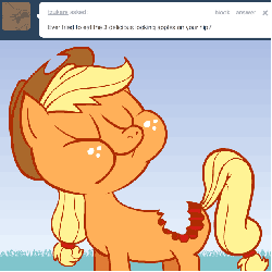 Size: 615x615 | Tagged: safe, artist:hotdiggedydemon, applejack, earth pony, pony, ask jappleack, g4, animated, ask, autocannibalism, bite mark, biting, butt bite, cannibalism, chewing, eating, eyes closed, female, jappleack, mare, solo