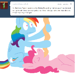 Size: 633x626 | Tagged: dead source, safe, artist:cartoonlion, pinkie pie, rainbow dash, earth pony, pegasus, pony, g4, animated, ask, disbelief, female, gif, impossibly long tongue, mare, on back, pinkie being pinkie, simple background, sitting, tongue out, wat, white background