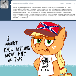 Size: 615x615 | Tagged: safe, artist:hotdiggedydemon, applejack, earth pony, pony, ask jappleack, g4, american civil war, ask, bipedal, civil war, clothes, confederate, confederate flag, female, flag, jappleack, mare, solo, t-shirt, the south will rise again, tumblr