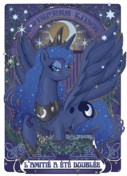 Size: 505x700 | Tagged: dead source, safe, artist:hezaa, princess luna, alicorn, pony, g4, female, french, jewelry, lidded eyes, looking at you, mare, modern art, nouveau, solo, spread wings, wings
