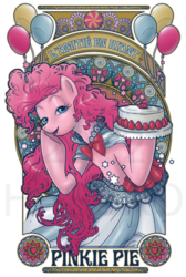 Size: 469x700 | Tagged: dead source, safe, artist:hezaa, pinkie pie, earth pony, pony, g4, balloon, cake, candy, clothes, dress, female, food, french, lidded eyes, looking at you, mare, modern art, nouveau, solo, watermark