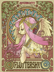 Size: 517x689 | Tagged: dead source, safe, artist:hezaa, fluttershy, butterfly, pegasus, pony, g4, apollonian gasket, eyes closed, female, french, mare, modern art, nouveau, profile, solo, watermark