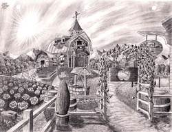 Size: 3228x2496 | Tagged: safe, artist:josh-5410, g4, barn, grayscale, high res, monochrome, no pony, pencil drawing, scenery, sweet apple acres, traditional art