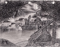 Size: 3235x2510 | Tagged: safe, artist:josh-5410, g4, castle of the royal pony sisters, fog, high res, mare in the moon, monochrome, moon, no pony, old castle ruins, pencil drawing, ruins, scenery, traditional art