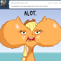 Size: 615x615 | Tagged: safe, artist:hotdiggedydemon, applejack, earth pony, pony, ask jappleack, g4, ask, cheeks, female, jappleack, mare, solo