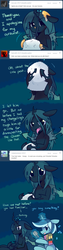 Size: 640x2559 | Tagged: safe, artist:pekou, minuette, queen chrysalis, changeling, changeling queen, pony, unicorn, ask chrysalis, g4, brushie, clothes, comic, duo, female, floppy ears, mare, scarf, towel