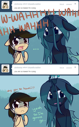 Size: 640x1024 | Tagged: safe, artist:pekou, queen chrysalis, oc, changeling, changeling queen, pegasus, pony, ask chrysalis, g4, crying, cute, cutealis, duo, female, floppy ears, mare