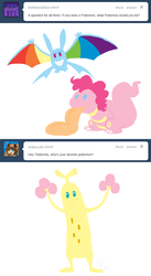 Size: 654x1193 | Tagged: dead source, safe, artist:cartoonlion, fluttershy, pinkie pie, rainbow dash, crobat, lickitung, sudowoodo, g4, ask, colored wings, crossover, flutterdashpie, fluttertree, multicolored wings, pokefied, pokémon, rainbow wings, simple background, species swap, white background