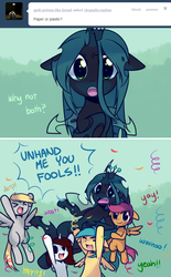 Size: 640x1029 | Tagged: safe, artist:pekou, derpy hooves, queen chrysalis, scootaloo, oc, alicorn, changeling, changeling queen, pegasus, pony, ask chrysalis, g4, alicorn oc, carrying, cheering, cute, cutealis, female, filly, floppy ears, mare, non-consensual cuddling, why not both