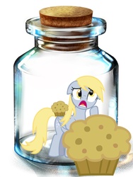 Size: 600x800 | Tagged: artist needed, safe, derpy hooves, pegasus, pony, g4, bottle, female, floppy ears, mare, muffin, pony in a bottle, solo