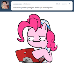 Size: 650x550 | Tagged: safe, artist:flavinbagel, pinkie pie, earth pony, pony, ask gamer ponies, g4, ask, computer, female, laptop computer, mare, simple background, solo, white background, yarmulke