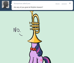 Size: 650x550 | Tagged: safe, artist:flavinbagel, twilight sparkle, pony, unicorn, ask gamer ponies, g4, ask, bowtie, female, mare, musical instrument, simple background, solo, trumpet