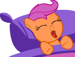 Size: 2000x1533 | Tagged: safe, artist:theoriginalginger, scootaloo, pegasus, pony, g4, bed, cute, female, filly, pillow, simple background, sleeping, solo, transparent background, yawn