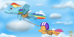 Size: 2500x1250 | Tagged: safe, artist:timidusartifex, rainbow dash, scootaloo, pegasus, pony, g4, duo, female, filly, flying, flying lesson, harness, helmet, mare, scootaloo can't fly, scootalove, sky, towing