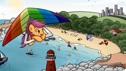 Size: 1920x1080 | Tagged: safe, artist:secret-pony, scootaloo, pegasus, pony, g4, beach, boat, city, cute, cutealoo, female, filly, hang gliding, lighthouse, open mouth, scootaloo can fly, smiling, solo focus, wallpaper, water