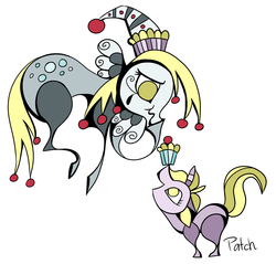 Size: 1426x1365 | Tagged: safe, artist:pashapup, derpy hooves, dinky hooves, pegasus, pony, unicorn, g4, abstract, duo, female, filly, mare, muffin, no pupils, profile, simple background, smiling, white background