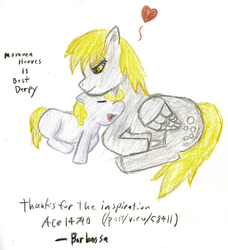 Size: 1440x1578 | Tagged: safe, artist:barbossa, derpy hooves, dinky hooves, pegasus, pony, unicorn, g4, duo, equestria's best mother, female, filly, heart, mare, mother and daughter, nuzzling, prone, traditional art