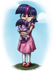 Size: 1545x2000 | Tagged: safe, artist:aphexangel, twilight sparkle, human, pony, unicorn, g4, clothes, cute, dress, duo, female, filly, filly twilight sparkle, holding a pony, human ponidox, humanized, self ponidox, tongue out, twiabetes, younger