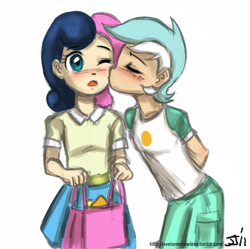 Size: 804x802 | Tagged: safe, artist:johnjoseco, bon bon, lyra heartstrings, sweetie drops, human, g4, blushing, cheek kiss, duo, female, humanized, kissing, lesbian, one eye closed, ship:lyrabon, shipping, simple background, white background, young, younger