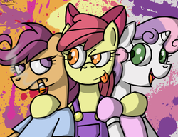Size: 650x500 | Tagged: safe, artist:putuk, apple bloom, scootaloo, sweetie belle, earth pony, anthro, g4, abstract background, cigarette, cutie mark crusaders, female, smokerloo, smoking