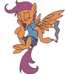 Size: 806x886 | Tagged: safe, artist:smokingsumsoup, scootaloo, semi-anthro, g4, arm hooves, cigarette, eyes closed, female, simple background, smokerloo, smoking, solo, transparent background