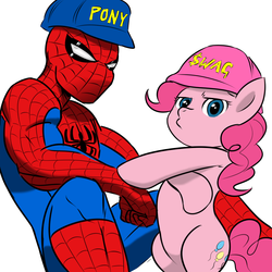 Size: 945x945 | Tagged: safe, artist:kinkycelestia, artist:megasweet, pinkie pie, earth pony, pony, g4, bipedal, duo, female, male, mare, simple background, spider-man, swag, white background