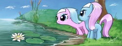 Size: 1318x500 | Tagged: safe, artist:saurabhinator, aloe, lotus blossom, earth pony, pony, g4, duo, female, filly, flower, foal, pond, siblings, sisters, spa twins, twins, water, waterlily, younger