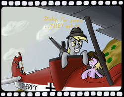 Size: 2550x2000 | Tagged: safe, artist:osakaoji, derpy hooves, dinky hooves, pegasus, pony, unicorn, g4, biplane, crossover, duo, female, filly, flying, gun, hat, high res, i just don't know what went wrong, indiana jones, mare, mother and daughter, plane, weapon