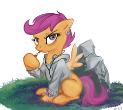 Size: 1200x1069 | Tagged: safe, artist:halley-valentine, scootaloo, pegasus, pony, g4, cigarette, clothes, earring, eyebrow piercing, female, filly, headphones, hoodie, lighter, nose piercing, nostril piercing, piercing, sitting, smokerloo, smoking, solo, wing piercing, wristband