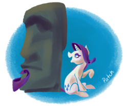 Size: 672x557 | Tagged: safe, artist:pashapup, rarity, pony, unicorn, g4, female, looking back, mare, moai, no pupils, sitting, solo