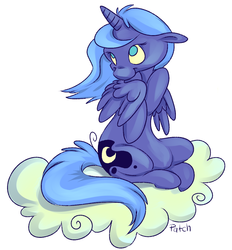 Size: 1050x1131 | Tagged: safe, artist:pashapup, princess luna, alicorn, pony, g4, cloud, female, floppy ears, hooves, horn, mare, no pupils, on a cloud, s1 luna, simple background, sitting, sitting on a cloud, solo, white background, wings