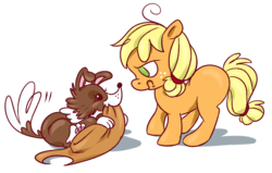 Size: 1000x635 | Tagged: safe, artist:pashapup, applejack, winona, earth pony, pony, g4, annoyed, female, filly, foal, no pupils, simple background, transparent background